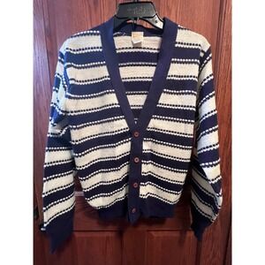 Vintage Drummond Navy Blue White Striped Cardigan Sweater Orlon Acrylic Large